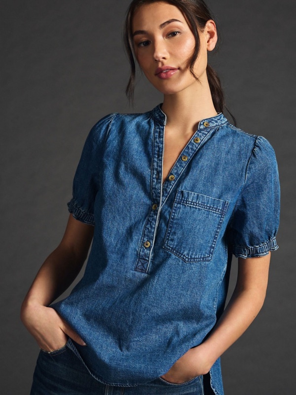 Pilcro Anthropologie Aly Chambray Henley Shirt Denim Blue Size Medium